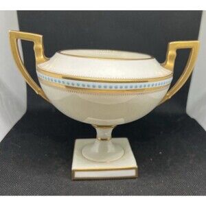 Antique Lenox Footed Sugar Bowl No Lid Gold Gilt Handles Turquoise Beaded Band